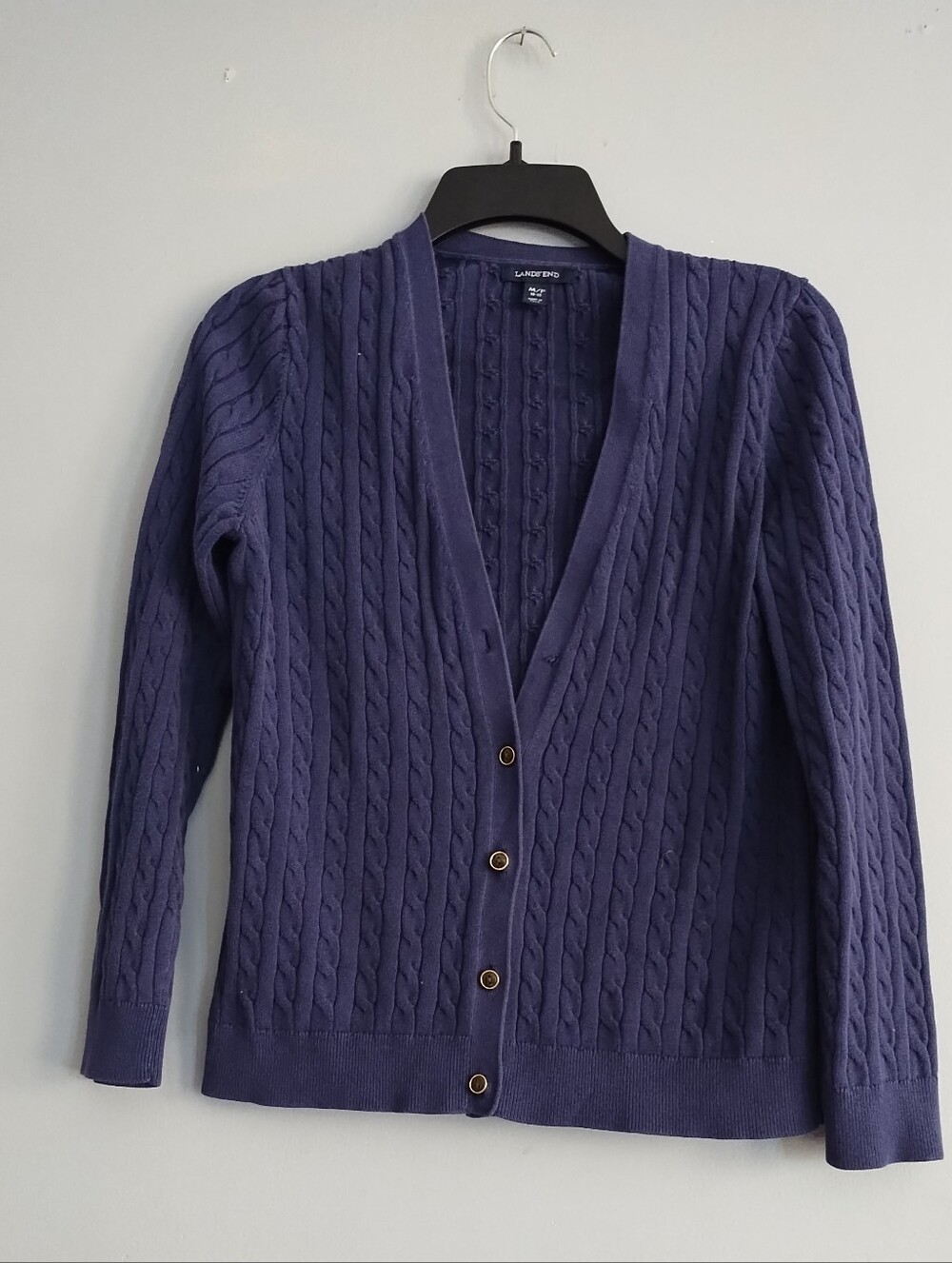 Lands' End Women's Navy Cable-Knit V-Neck Cardigan